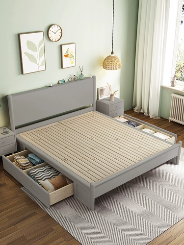Nordic All -cure сплошной деревянная кровать 1 метр 8 прямая кровать серая на один метр пять современных минималистских двуспальных кровать маленькая квартира большая свадебная кровать