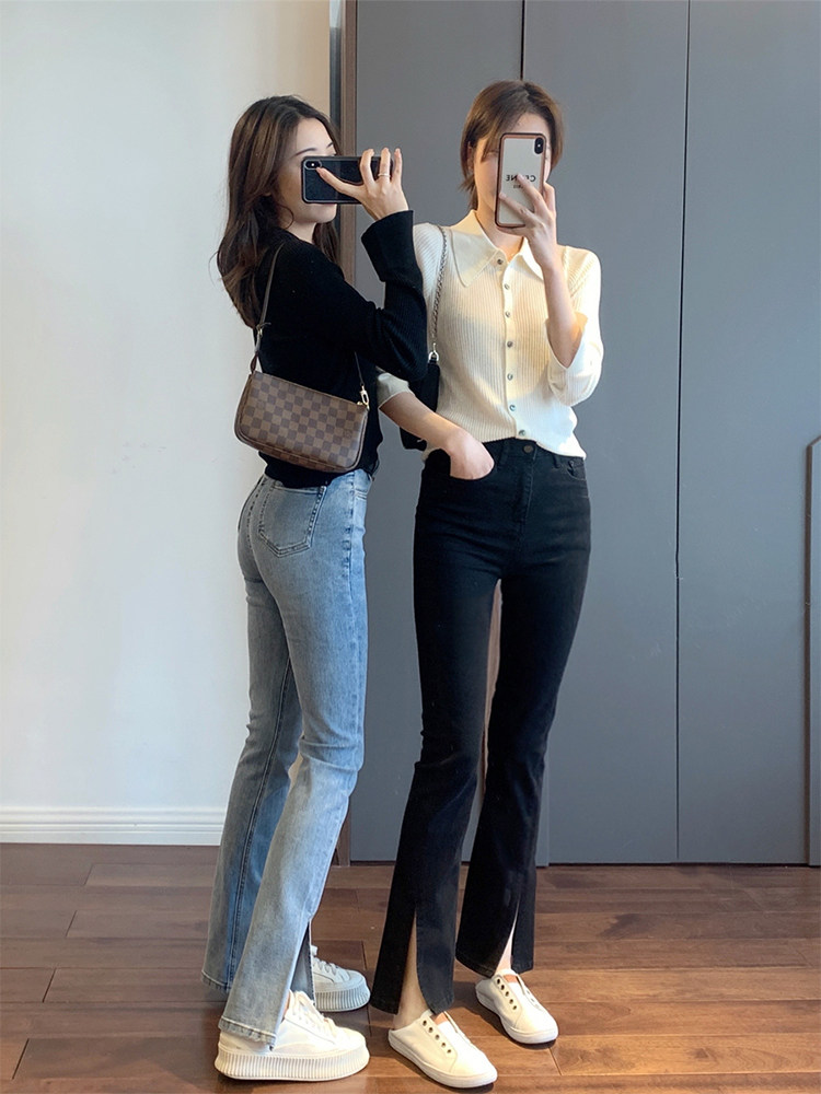 Weave jeans women's 2022 autumn trend high waist thin flared trousers drape all-match split fork mopping trousers