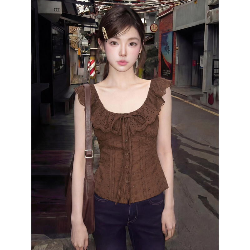 American-Style Coffee-Colored Ruffled Tie-Up Sleeveless T-Shirt for Women, Summer Hollow-Out Lace Slim-Fit Waist-Cinching Elegant Top Trendy