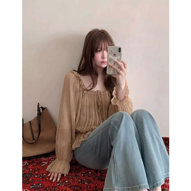 27 Onlinestore French-Style Elegant Lace-Up Ruffled Square-Neck Long-Sleeve T-Shirt Autumn Waist-Cinching Slimming Top 27 Onlinestore French-Style Elegant Lace-Up Ruffled Square-Neck Long-Sleeve T-Shirt Autumn Waist-Cinching Slimming Top