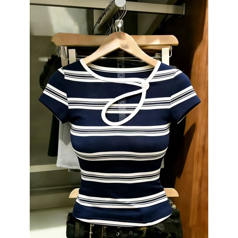 Designed with a Sense of Style, Sexy Blue Striped Hollow-Out Short-Sleeve T-Shirt for Women, 2026 Summer New Casual Inner Wear Top