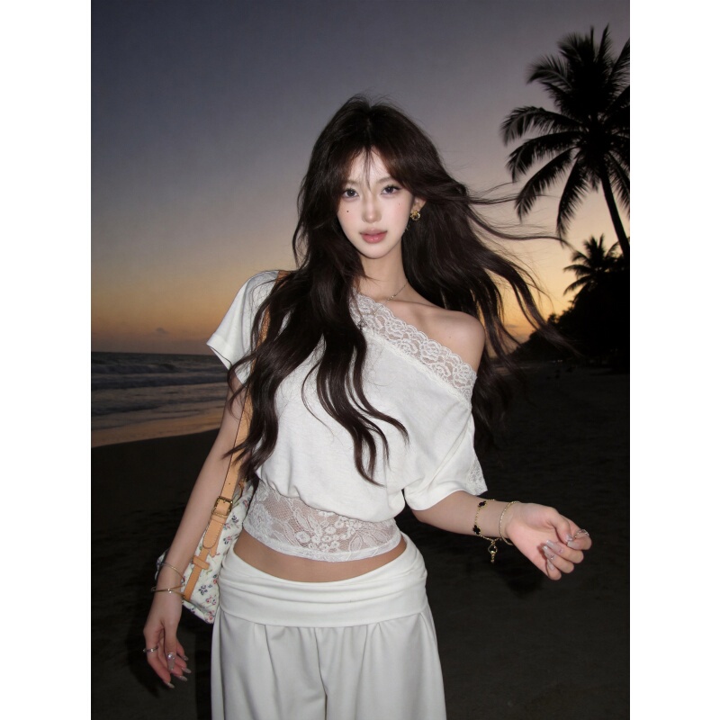 Lace Soft White Pure Desire Style Lace Splicing Off-Shoulder Waist-Cinching Short-Sleeve T-Shirt Top for Women Summer New Trendy Brand Women's Clothing