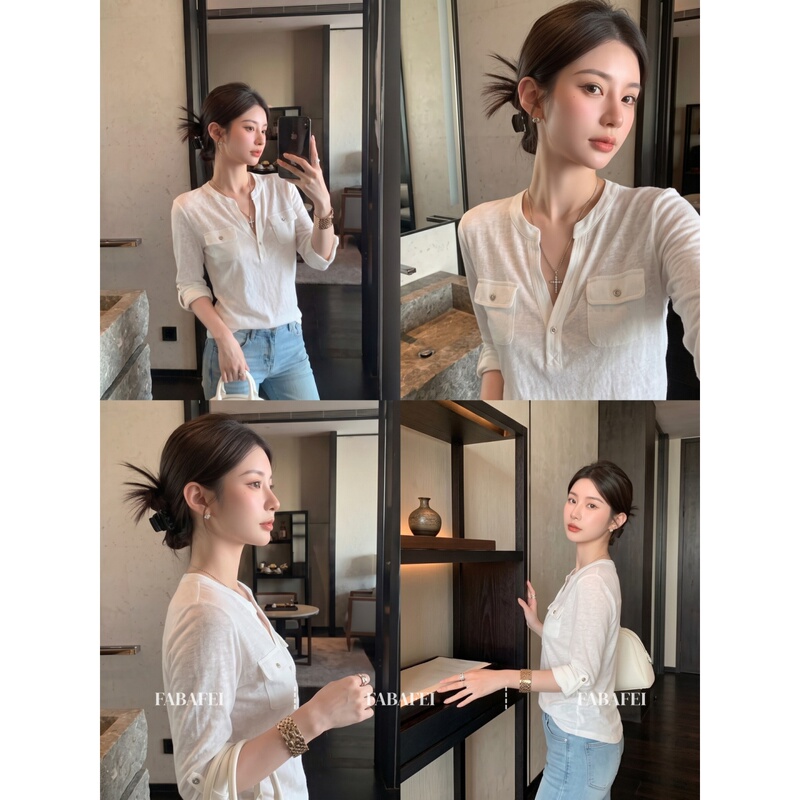 Korean Style Old Money White V-Neck Regular Shoulder Mid-Sleeve T-Shirt for Women, Early Autumn Outfit, Elegant High-Class Design Top Korean Style Old Money White V-Neck Regular Shoulder Mid-Sleeve T-Shirt for Women, Early Autumn Outfit, Elegant High-Class Design Top