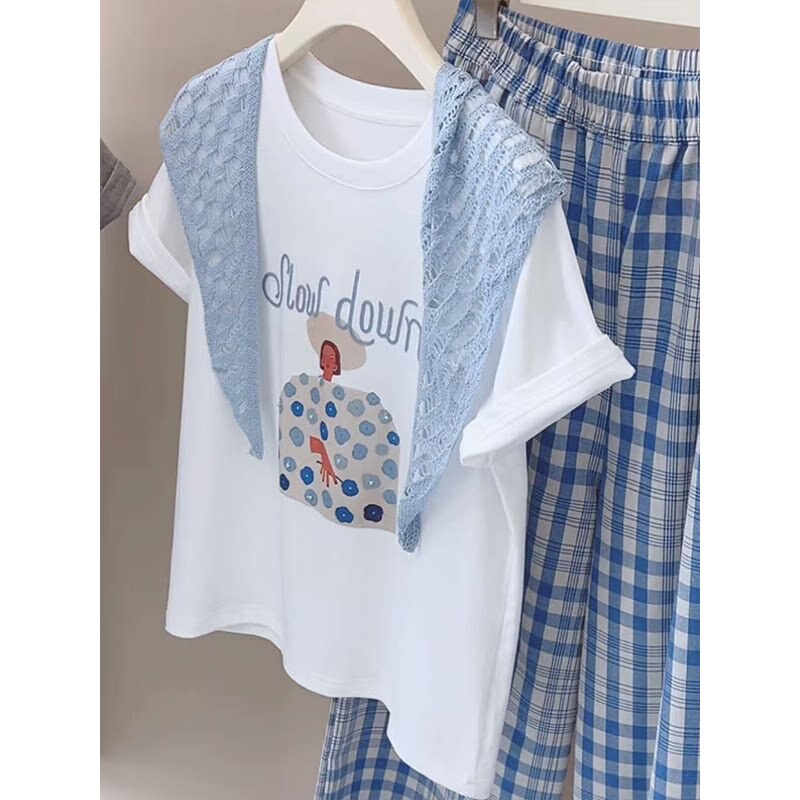 Korean Casual Style Cartoon Print Short-Sleeved T-Shirt for Women 2026 Summer New Style Blue Knitted Shawl Gentle Top