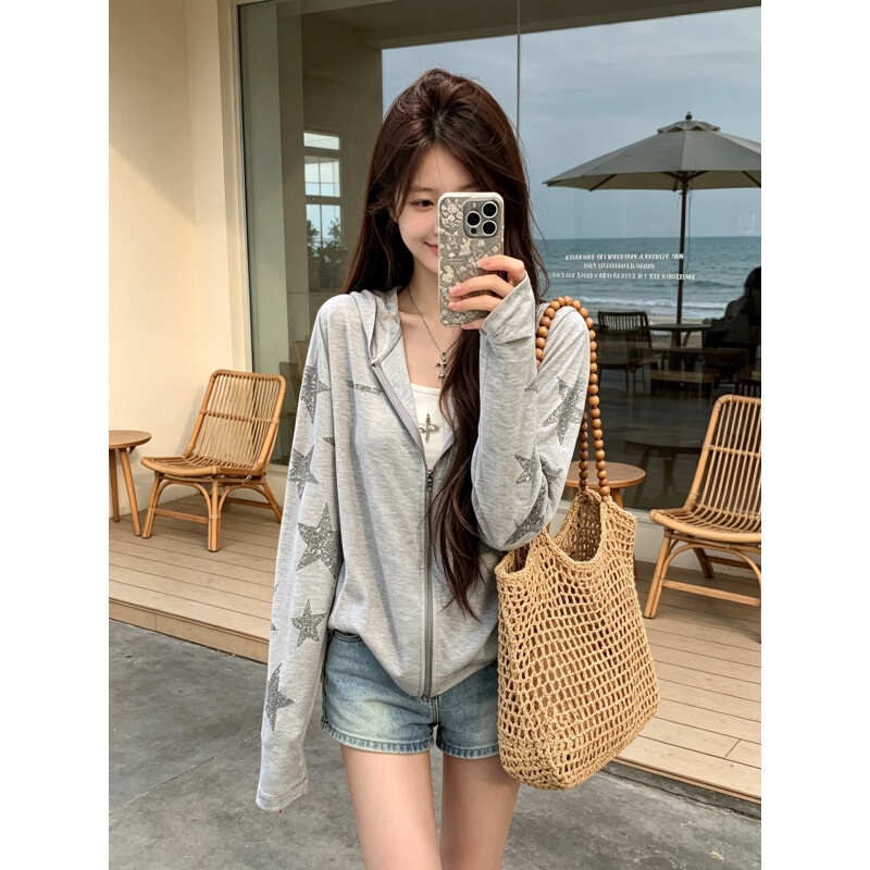 Gray Star-Studded Rhinestone Hooded Sun Protection Cardigan for Women, Summer Sheer Air-Conditioning Cover-Up, Snowflake Cotton Outerwear Top