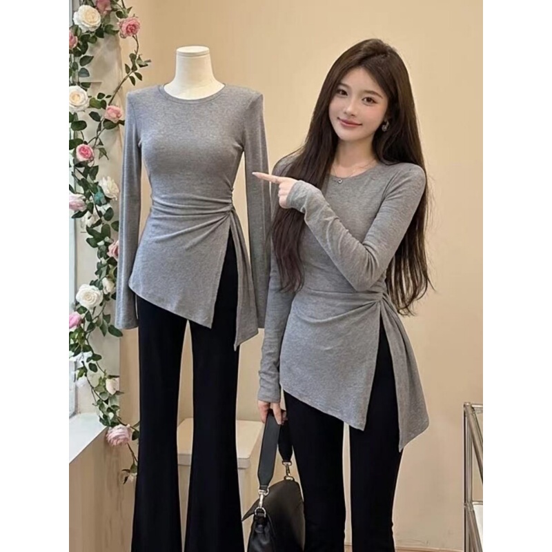 Korean-Style Design Irregular Tie Long-Sleeve T-Shirt for Women, Spring Elegant Waist-Cinching Base Shirt, Gray Slit Top