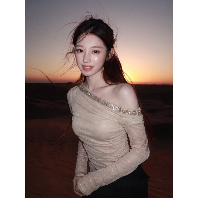 2026 New Style Elegant Slimming Shiny Diamond Mesh Off-Shoulder Long-Sleeve T-Shirt for Women, Suitable for Autumn, Korean Style Top That Can Be Worn Alone 2026 New Style Elegant Slimming Shiny Diamond Mesh Off-Shoulder Long-Sleeve T-Shirt for Women, Suitable for Autumn, Korean Style Top That Can Be Worn Alone