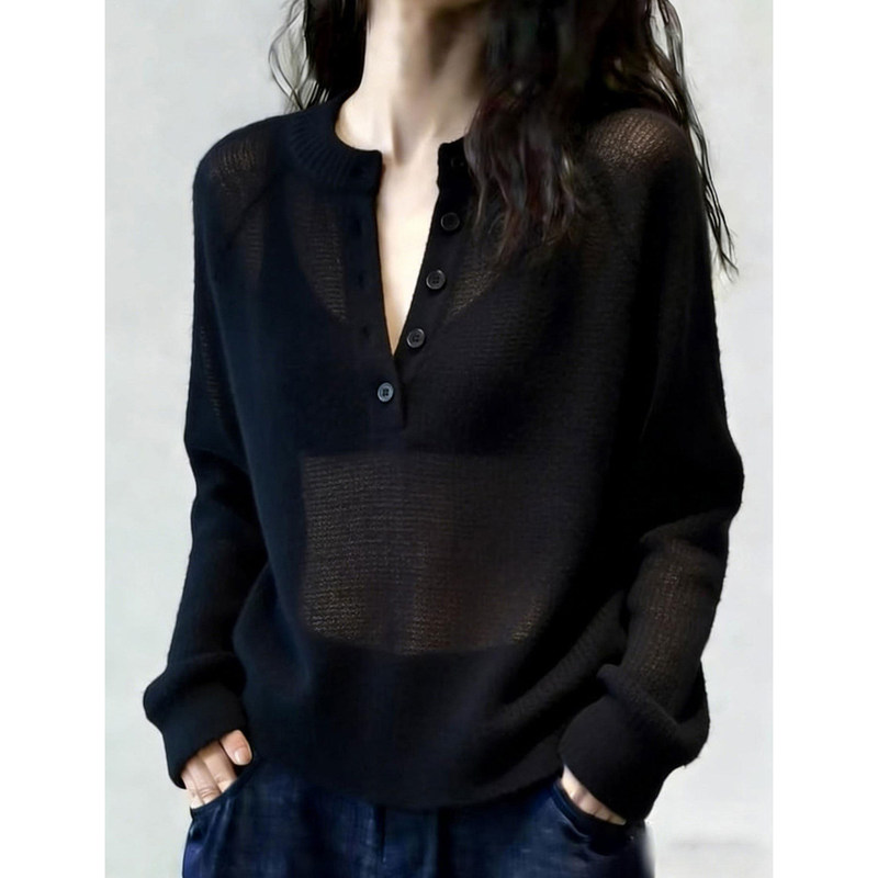Black Semi-Sheer Hollow-Out V-Neck Sun-Protective Knit Top for Women, Summer Thin Loose Air-Conditioning Cover-Up, Long-Sleeved Outerwear