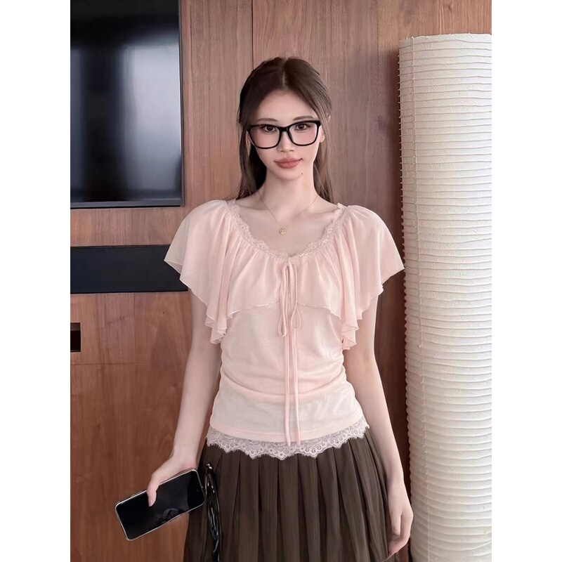 French-Style Elegant Faux Two-Piece Lace-Trimmed Short-Sleeve T-Shirt for Women, Summer Pink Ruffled Waist-Cinching Design Top French-Style Elegant Faux Two-Piece Lace-Trimmed Short-Sleeve T-Shirt for Women, Summer Pink Ruffled Waist-Cinching Design Top