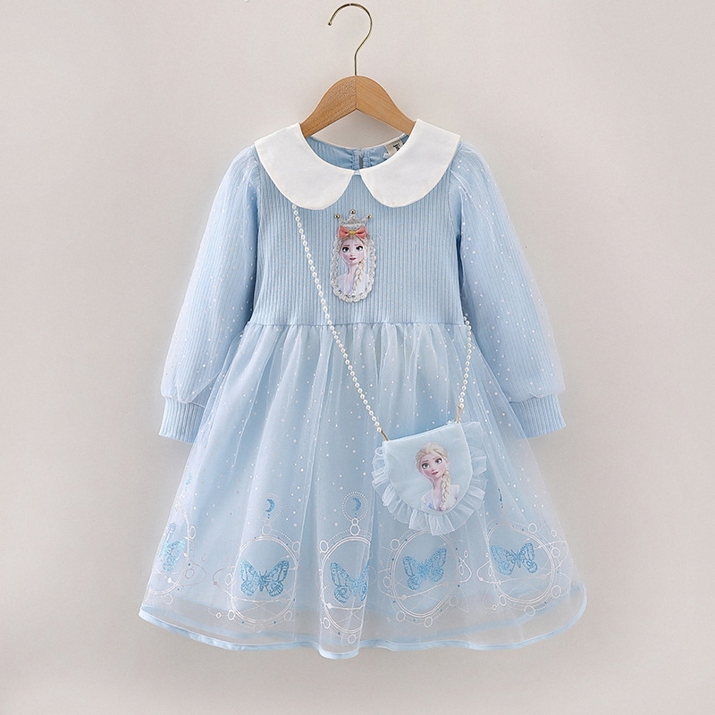 Little Girl Elsa Dress Long-Sleeved Mesh Frozen Princess Dress Girl Elsa Doll Collar Birthday Dress