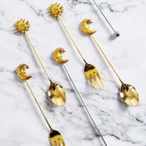 Japan imported stainless steel coffee spoon fruit fork dessert shop gold fork drink wine mixing bar