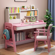 Solid wood desk with bookshelf Simple home school students desk and chair set can lift writing desk childrens learning table