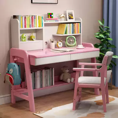 Solid wood desk with bookshelf Simple home school students desk and chair set can lift desk children's learning table
