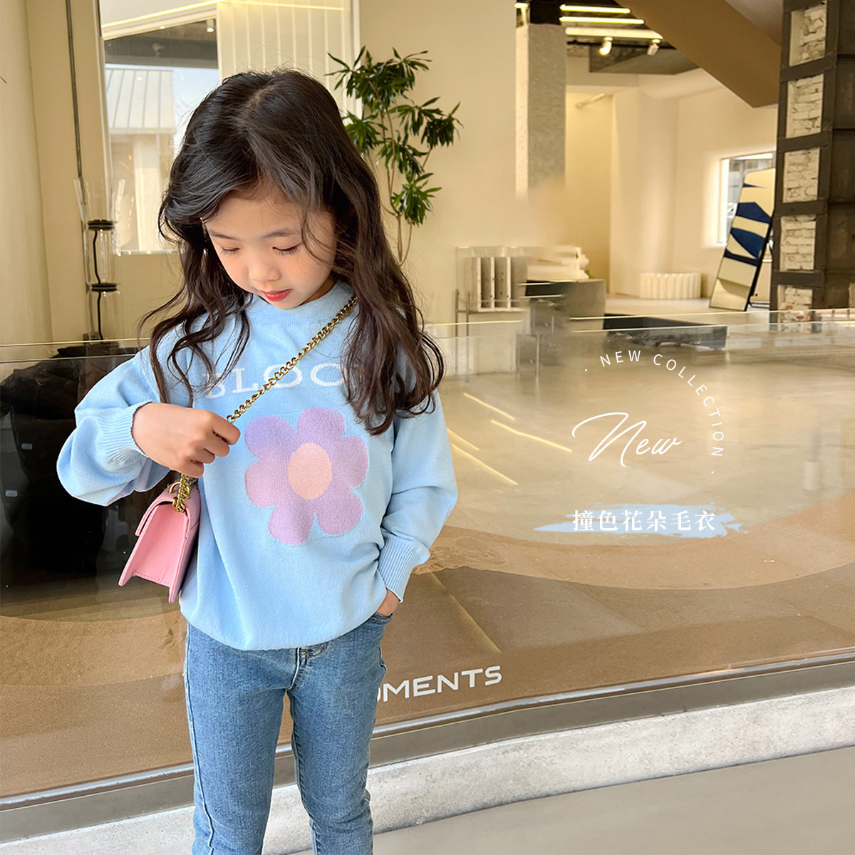 Blue Little Dad girl T-shirt sweater 2022 spring dress new foreign send baby Korean version Children's online red-knit cardiovert blouse