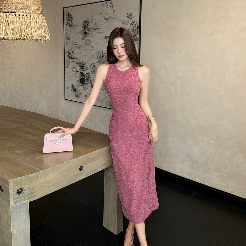 Hot Girl Sleeveless Rose Pink Shiny Silk Tank Dress Women's New Style Waist-Cinching Slimming Elegant Long Bodycon Dress