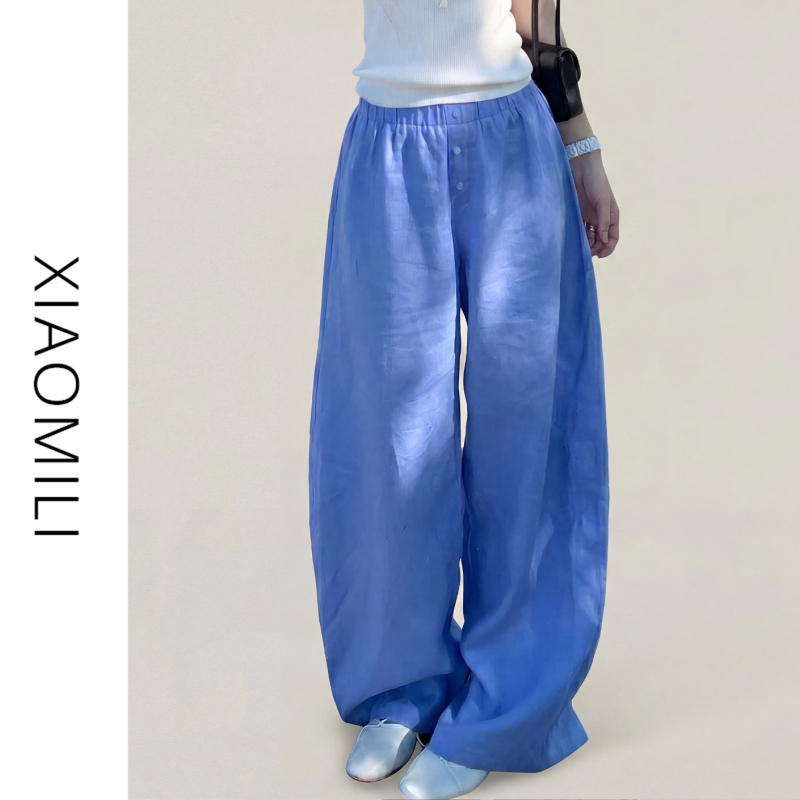 Jian Shi Blue Ice Silk Cotton Linen Wide-Leg Pants for Women 2026 Summer Thin Loose Yamamoto Pants Elastic Waist Floor-Length Casual Pants