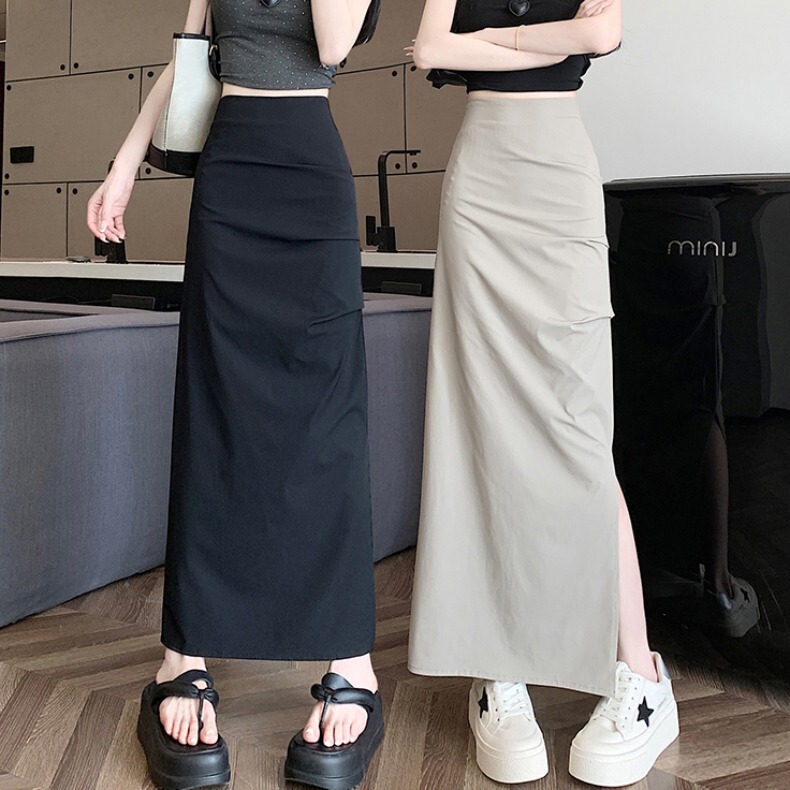 Tall Women's Summer High-Waisted Pleated Pencil Skirt with Side Slit, Hip-Covering, Slimming, Floor-Length Skirt