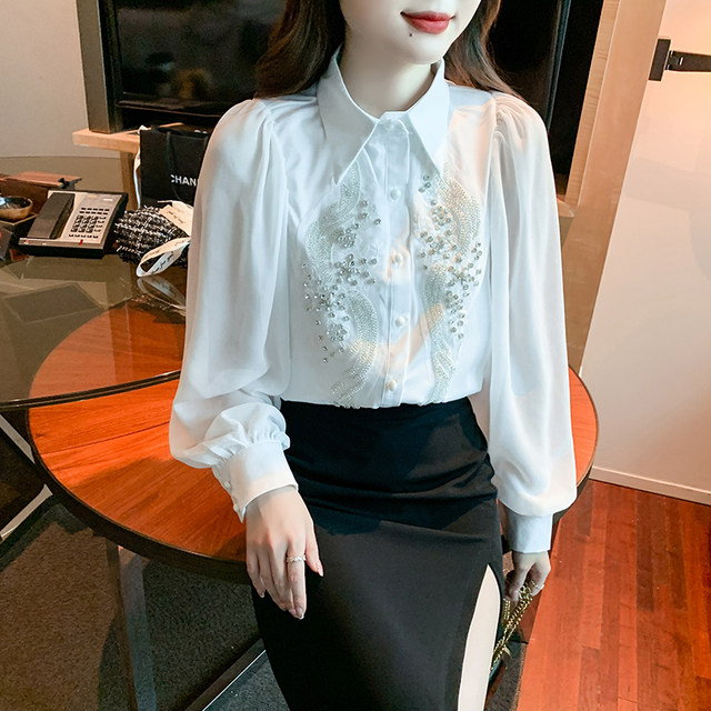 2023 spring new style court style embroidered forging shirt French high-end sense polo collar white chiffon shirt female