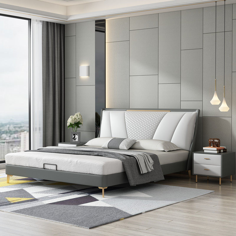 Genuine Leather Bed Willy-style Light Lavish Modern Minimalist double bed master bedroom with custom-made 2 2 m newlyweds Soft bunk bed-Taobao