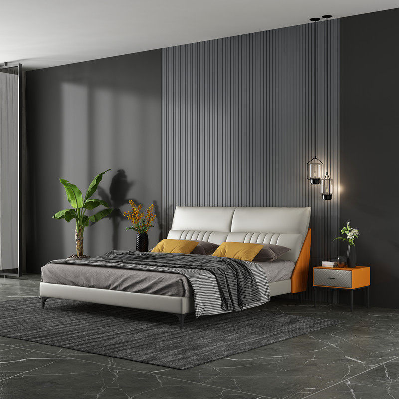 Italian Minimalist Real Leather Bed Light Extravagant Modern Minimalist Wedding Bed Double Man Bed Customizable master bedroom Large bed Napa genuine leather bed 