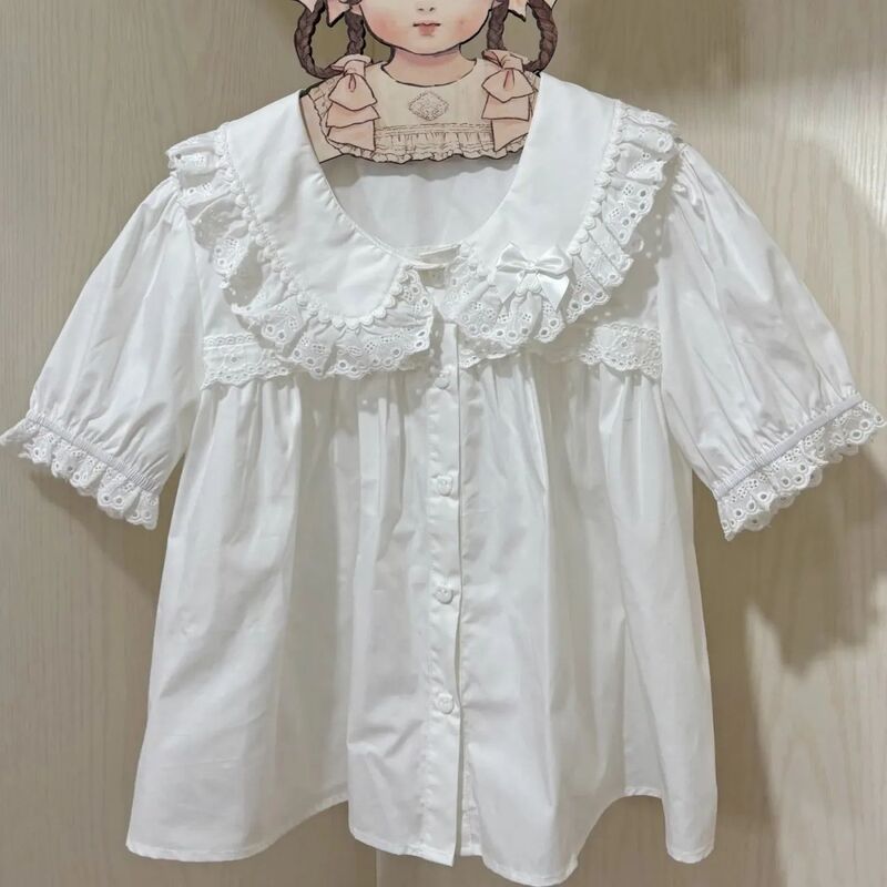 Lolita Style Short-Sleeved Shirt with Doll Collar, Summer Style Soft Girl White Top, Sweet and Cute Versatile Shirt