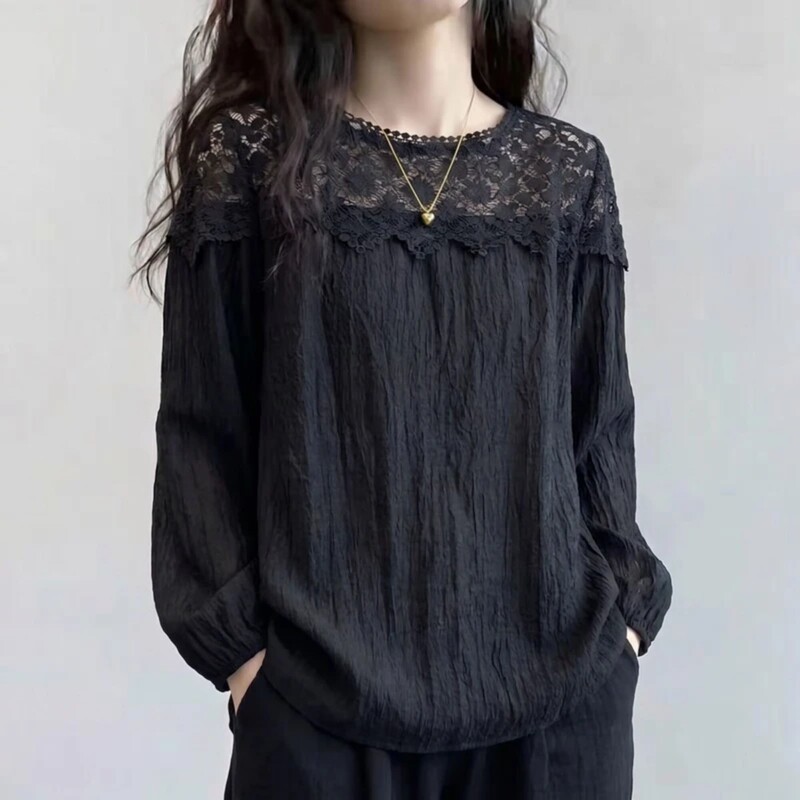 Black Lace Hollow-Out Round-Neck Long-Sleeve Shirt for Men and Women, Early Autumn New Style, Extra Large Size, Slimming and Versatile Top