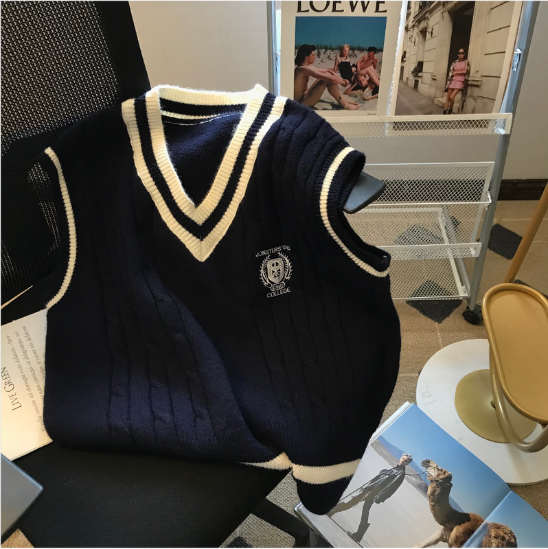 Extra Large Size 150kg College Style V-Neck Knitted Vest for Men and Women, Autumn and Winter Couple Sweater, Sleeveless Vest Ins