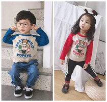 (Qiaos) Spring and Autumn New Product Boys and Womens Cotton Shoulder Sleeve Long Sleeve T-shirt Children Eat Spinach Cartoon Print T