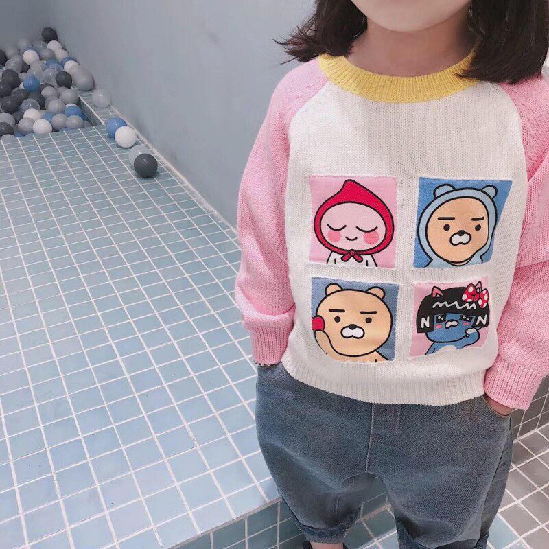(Joe's) Autumn Winter New Pint Girl Middle Children Pink Splicing Four-Palace Lattice Cartoon Printed Pure Cotton Thread Sweaters