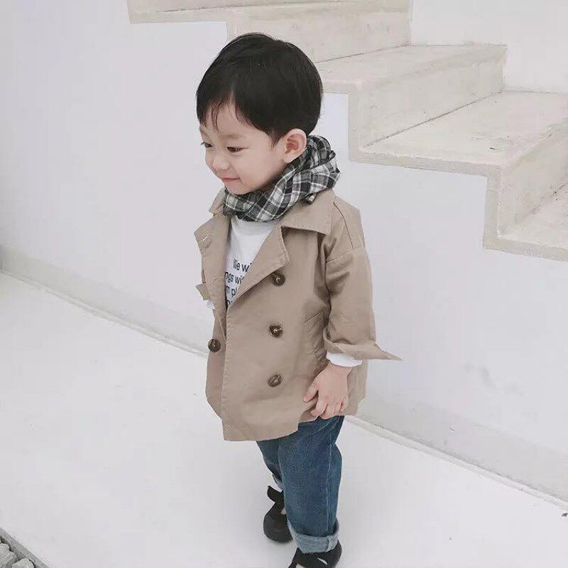 (Qiaojia) Spring and autumn new products boys and girls khaki double-breasted long-sleeved cotton woven children's trench coat