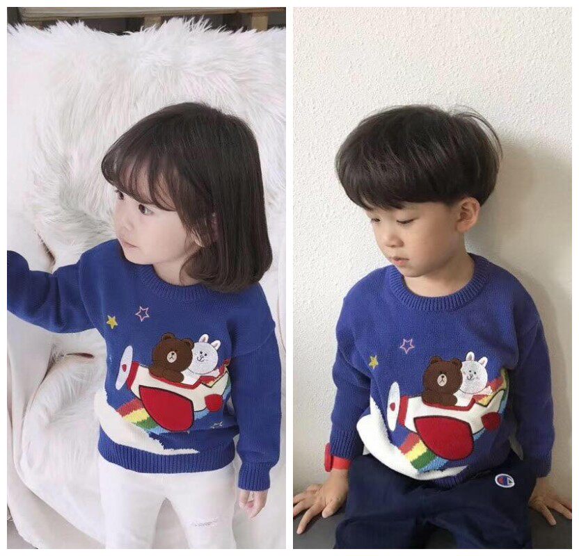 Qiao Baojia Autumn and Winter New Products Boys and Girls Cartoon Cloth Patch Jacquard Pullover Sweater Children's Cotton Sweater