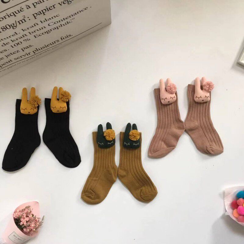 Joe Home Autumn Winter New Girl Girl Han Edition Handsewn Rabbit Children Pure Cotton Double Needle Short Socks