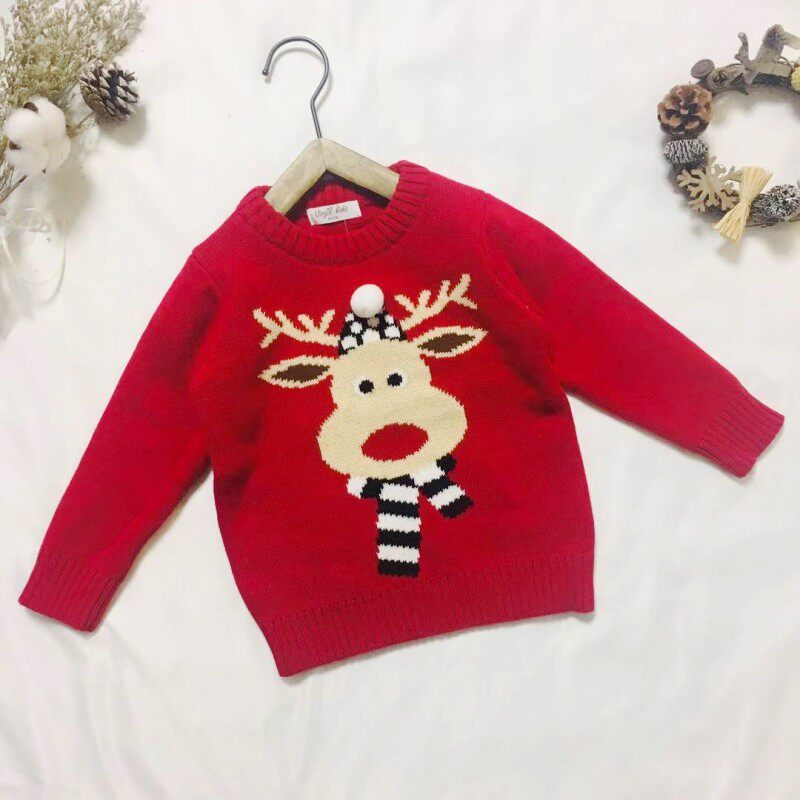 Spot Autumn and Winter New Boys and Girls Double Layer Jacquard Red Christmas Deer Knitted Sweater Children's Pullover Christmas Sweater