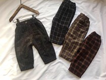(Qiao Bao) Winter new male and female children Plaid vertical strip wool plus velvet Haren pants childrens thick trousers