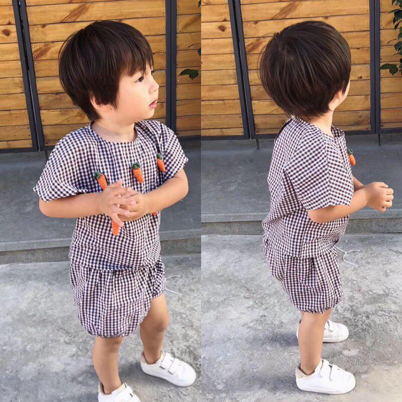 Qiaojia summer new boys and girls plaid short-sleeved shorts suit handmade three-dimensional carrot coffee grid suit