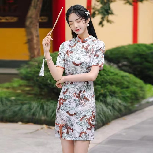 2023春夏新款仿花罗短款旗袍连衣裙日常穿三分袖女年轻款修身