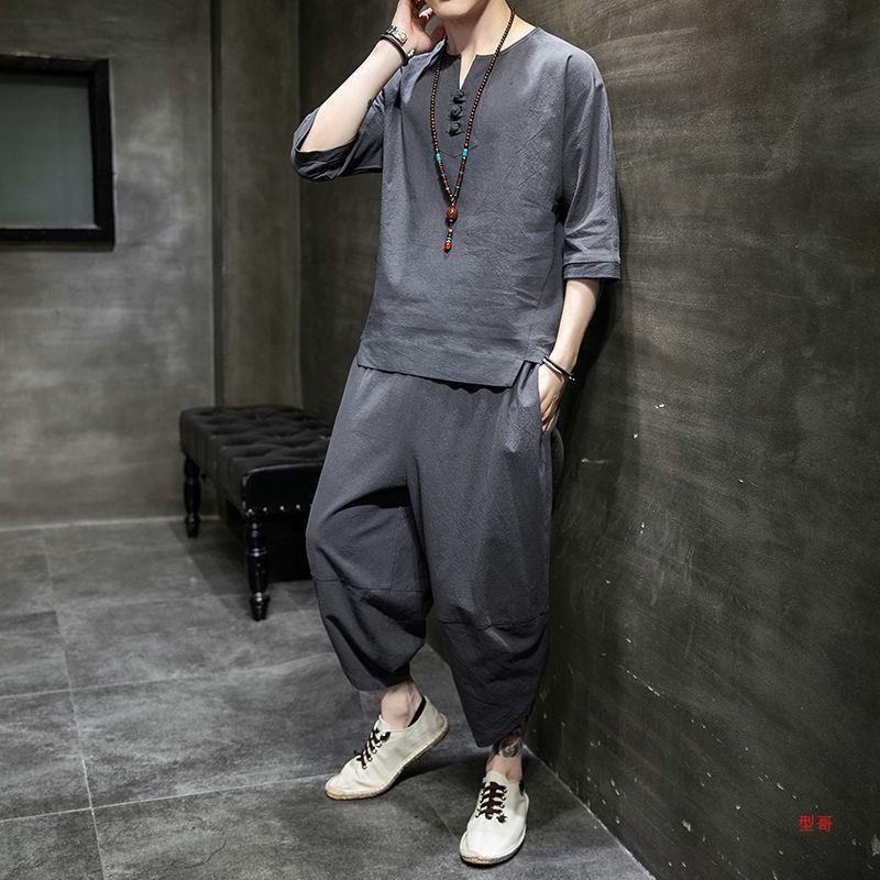 Summer Chinese Style Linen Suit for Men, Modernized Hanfu, Retro Style Robe, Trendy Brand, Ancient Costume, Youth Tang Suit T-Shirt