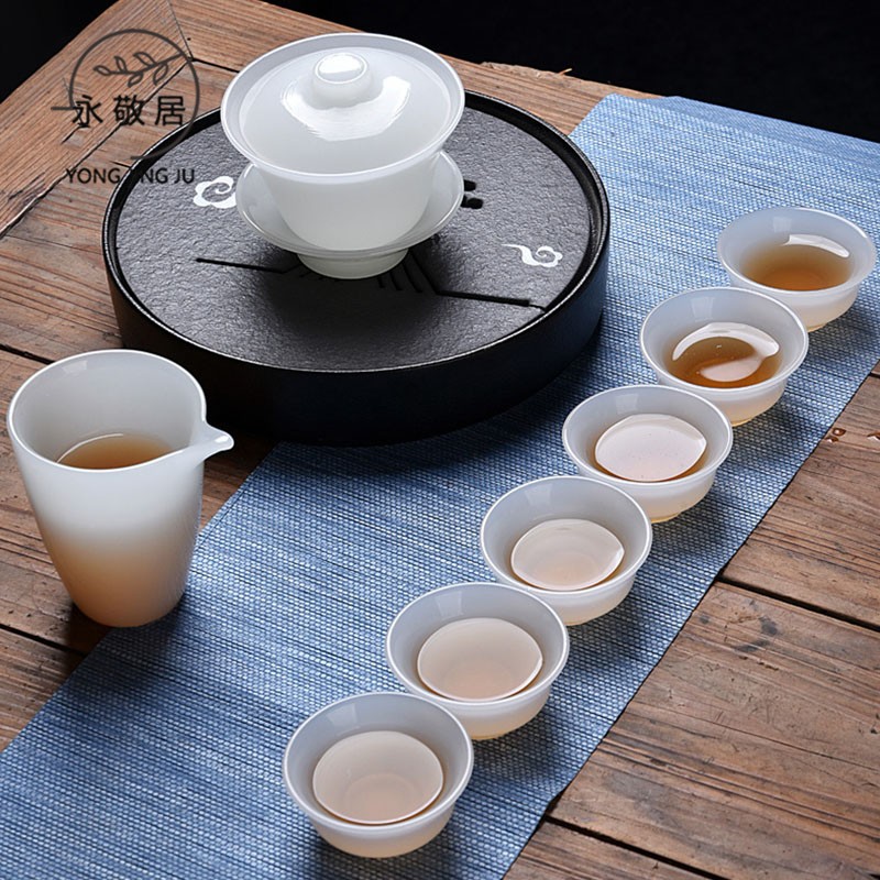 Yongjingju Kung Fu Tea Set Household Simple Jade Porcelain Covered Bowl Teacup Fair Cup Large White Porcelain Complete Set