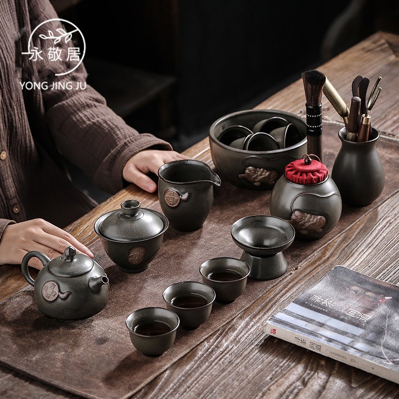 Yongjingju Kung Fu tea set set Pixiu golden toad relief surface tea powder glaze home office retro teapot cover bowl