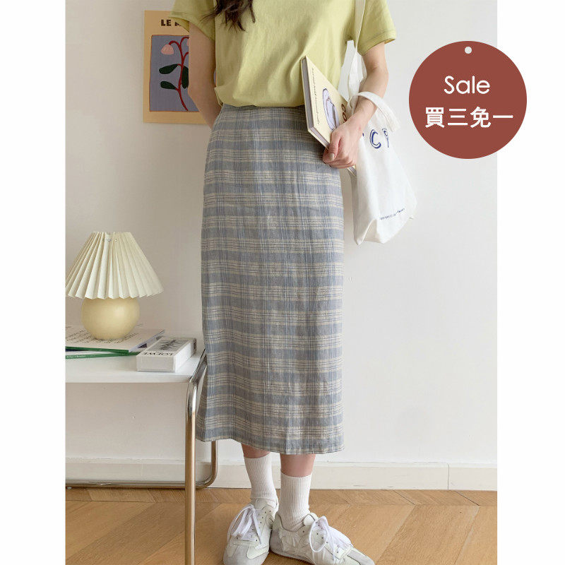 Buy three free March Rain-coloured woven linen plaid half body dress woman high purse hip skirt spring