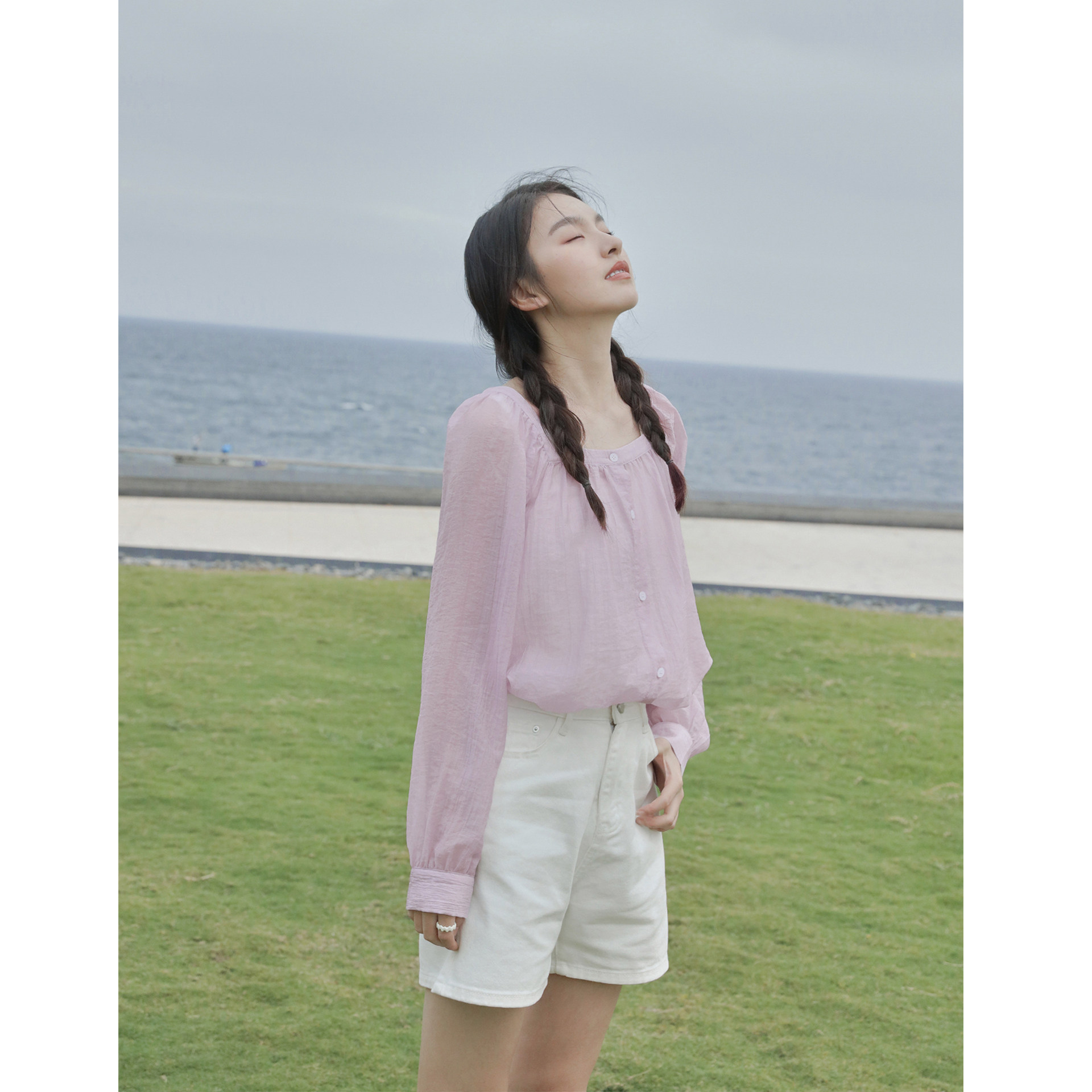 (Clearance non-refundable) Sugar water diary ice jelly blue shirt women's new yellow French top