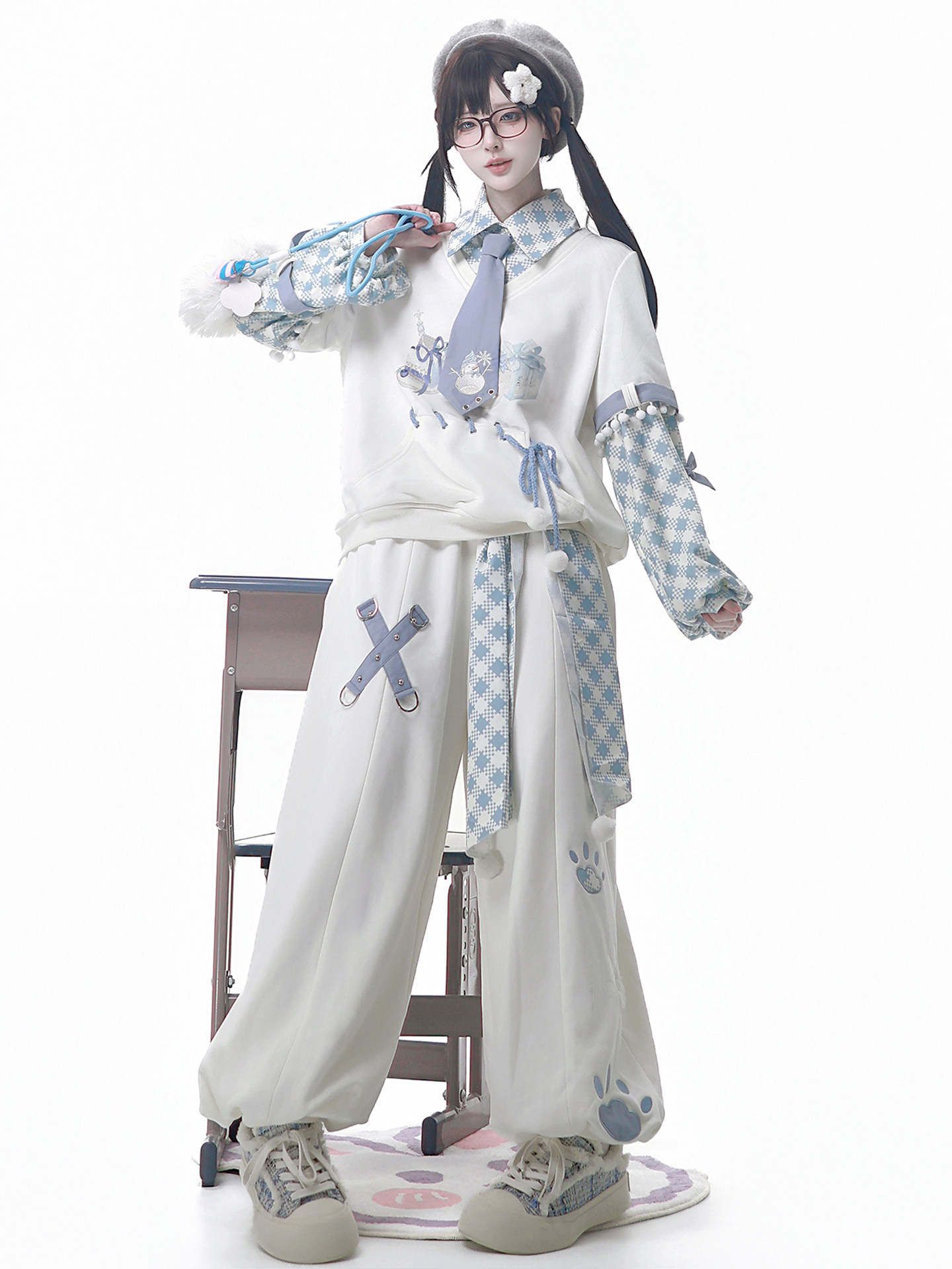 Original Genuine Snowball Game Lolita Daily Cute Fake Two-piece Tie Plaid Autumn and Winter Top and Pants Suit