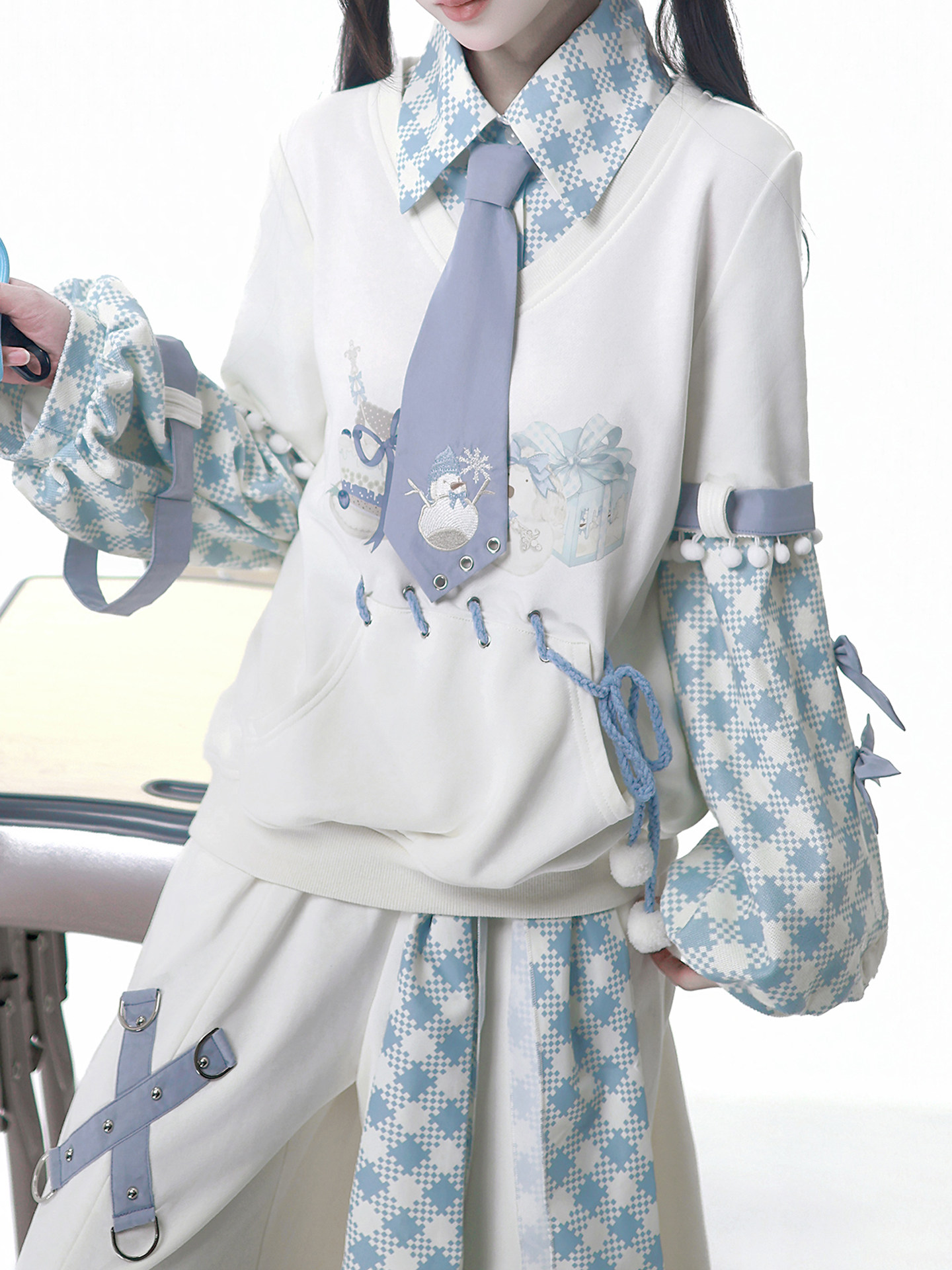 Original Genuine Snowball Game Lolita Daily Cute Fake Two-piece Tie Plaid Autumn and Winter Top and Pants Suit