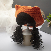 2021 Korean version of original new Princess autumn winter hat children knitted hat wig wool hat little girl rotating hat