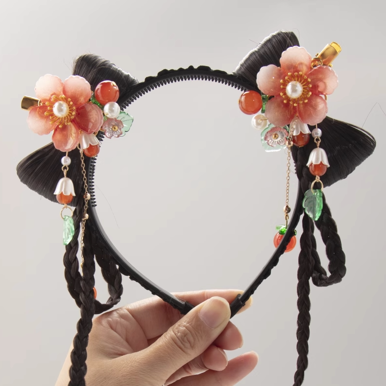 Hair Accessories, Headbands, Children's Jiafa Performance Wigs, Headbands, Chinese Style Red Pom-Poms, Hanfu Headwear, Tassels
