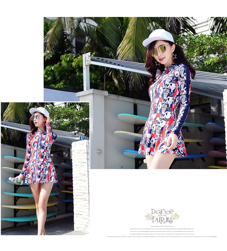 Áo tắm nữ bảo thủ một mảnh váy dài tay cỡ lớn che bụng giảm béo chống nắng thể thao phẳng góc tắm nước nóng mùa xuân - Bộ đồ bơi One Piece