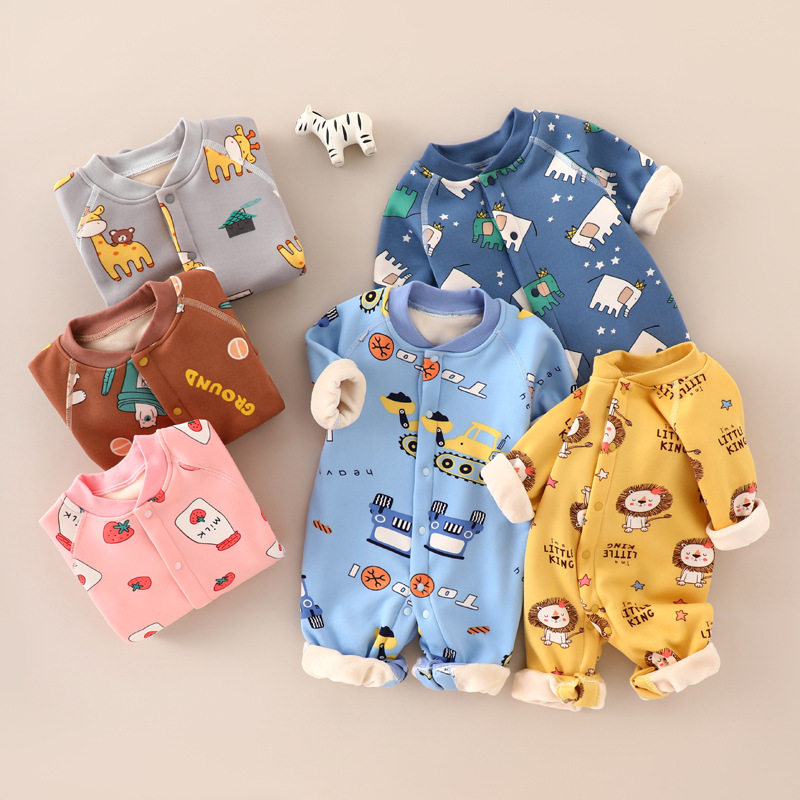 Baby jumpsuit plus velvet thick heating clothes newborn clothes autumn and winter milk silk baby romper pajamas romper