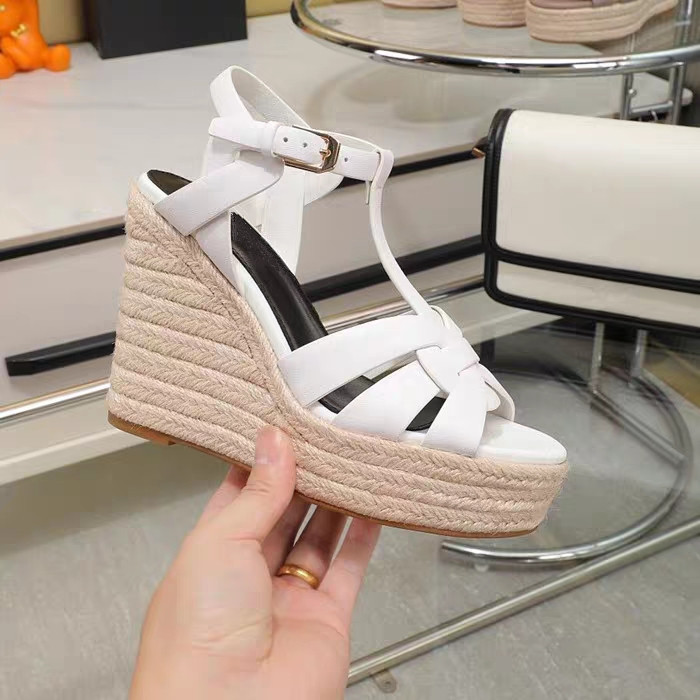 26 Summer New Style Wedge Braided Thick-Soled Ultra-High Heel Open-Toe First Layer Cowhide Women's Sandals with Ankle Strap Fashion Shoes