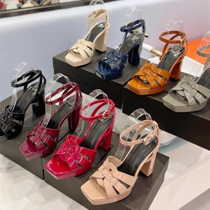 2026 Summer New Style Chunky Heel Open Toe Square Toe Ultra High Heel Genuine Leather Platform Ankle Strap Women's Sandals Fashion Shoes