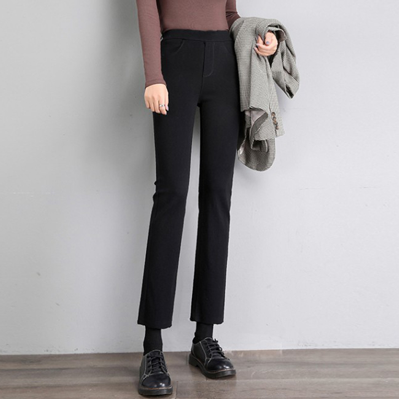 Elastic Waist Straight Black Stretch Versatile Casual Pants for Women, Autumn and Winter Fleece-Lined High-Waisted Loose Eight-Ninth Length Pants Elastic Waist Straight Black Stretch Versatile Casual Pants for Women, Autumn and Winter Fleece-Lined High-Waisted Loose Eight-Ninth Length Pants